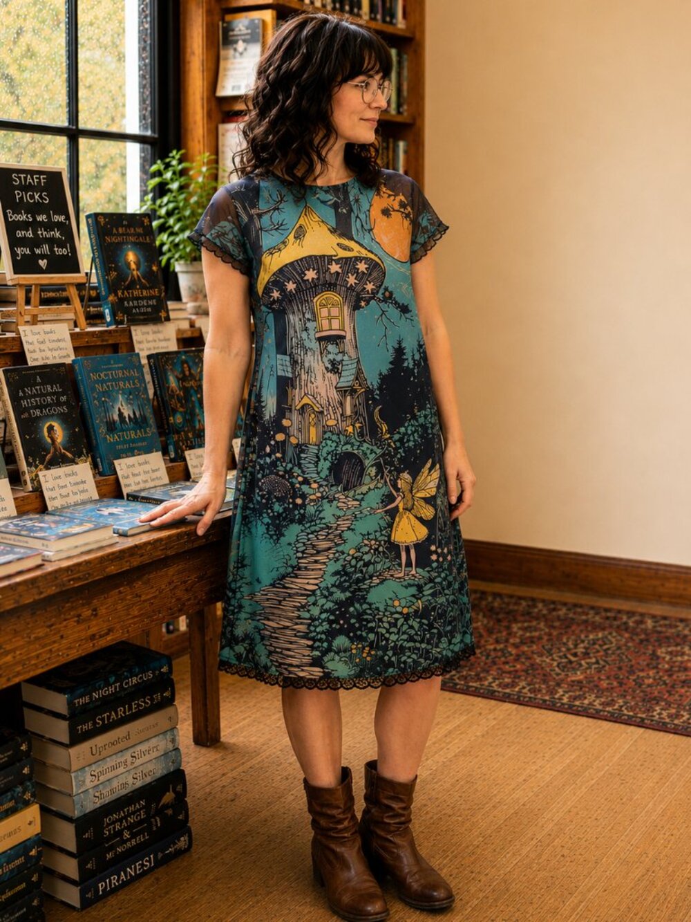 Lala Fairy Tale Mesh Dress Mushroom House Print Detachable Slip Medium M BlueSky